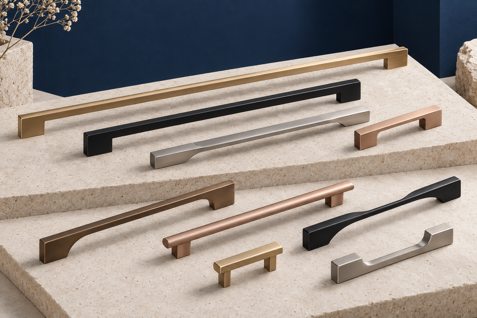 Modern cabinet handles in assorted lengths and metallic finishes